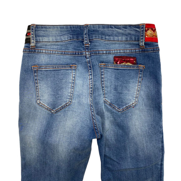 DESIGUAL Pakaian Jadi Wanita Sequin Embellished Crop Skinny Jeans Size 24 Red - Picture 5 of 10